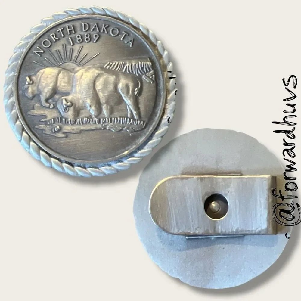 North Dakota 1889 Pewter Money Clip – Bison & Landscape – 1.5”